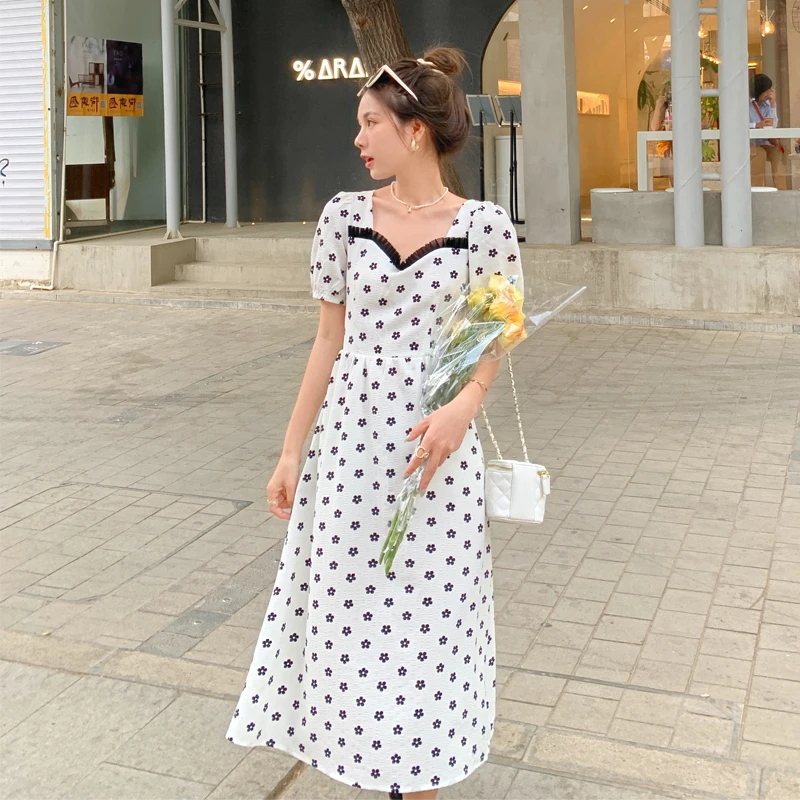 

v neck polka dot dress short sleeve Prom white Summer Beach 2021 beach dress korean fashion Midi dress ladies casual chiffon