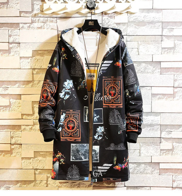 Флисовая Куртка, зимние мужские парки, 5XL, с принтом, военный, японский, с капюшоном, длинный плащ, черный, в стиле хип-хоп, уличная одежда, Толстые мужские куртки