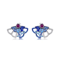blue pink fan statement stud earrings for women 925 sterling silver small earrings jewellry fine girl earring