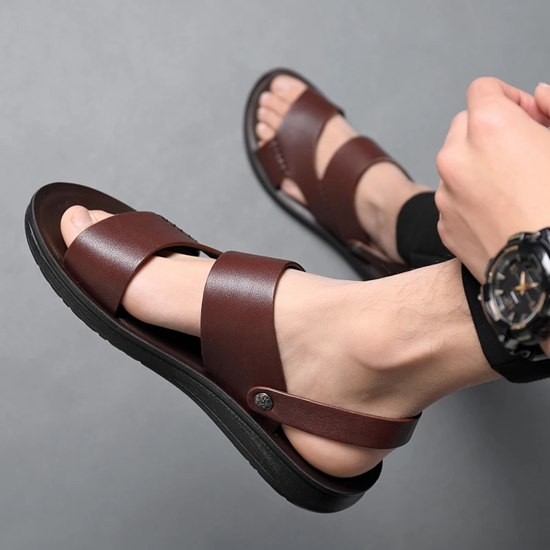 2021 New Men's Cowhide Summer Sandals Anti-Slip Quality Two Wearing Shoes Light Weight Leisure Man Beach sandals | Обувь