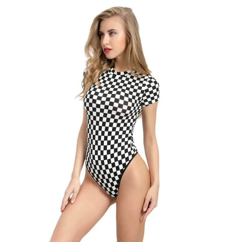 Новый модный клетчатый Круглый Вырез эластичный с коротким рукавом облегающий