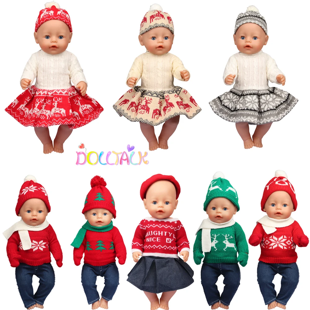 Winter Doll Baby Clothes Reindeer Tree Dress Christmas Sweater Suit For 17 Inch American Doll& 43 CM New Born Reborn Doll Gift