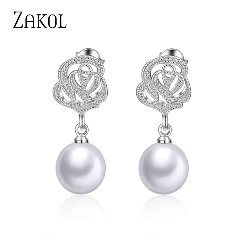 ZAKOL Fashion Flower Simulated Pearl Wedding Earrings Zircon Jewelry for Women Bride Boucles D'oreilles Bijoux FSEP2535 | Украшения и
