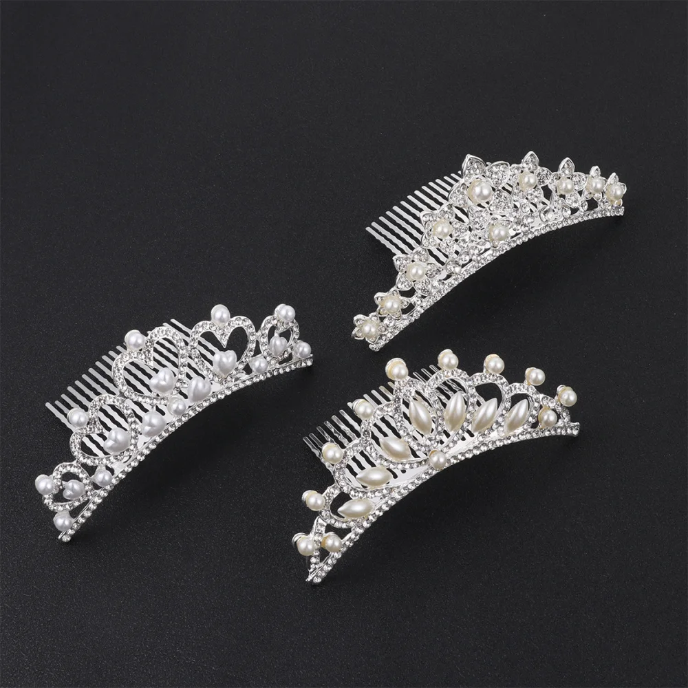

3Pcs Crown Shaped Hair Comb Rhinestone Hair Insert Comb Pearl Headdress Stage Headwear