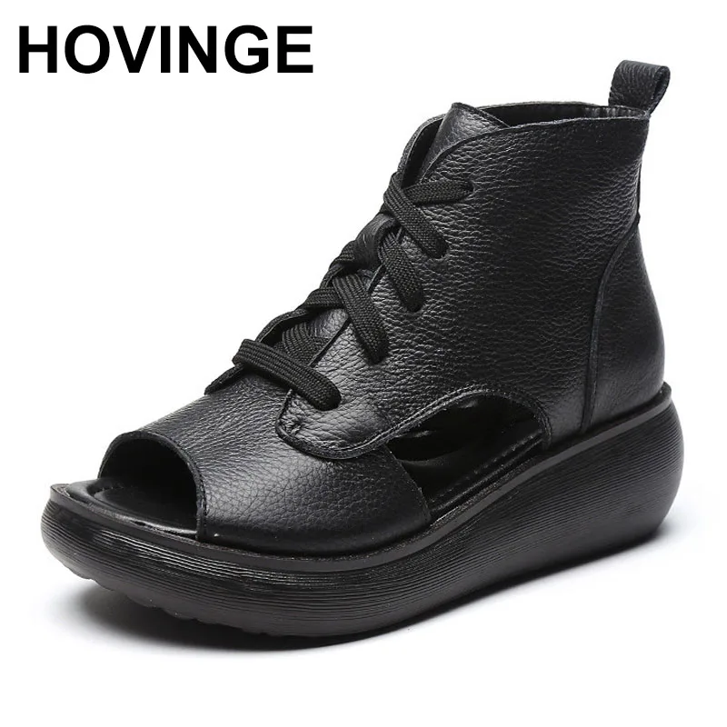 

HOVINGE Promotion High Cowhide Summer Women Sandals Summer Leather Sandals Fish Mouth Shoes Roman Sandals Platform Wedge Sandal