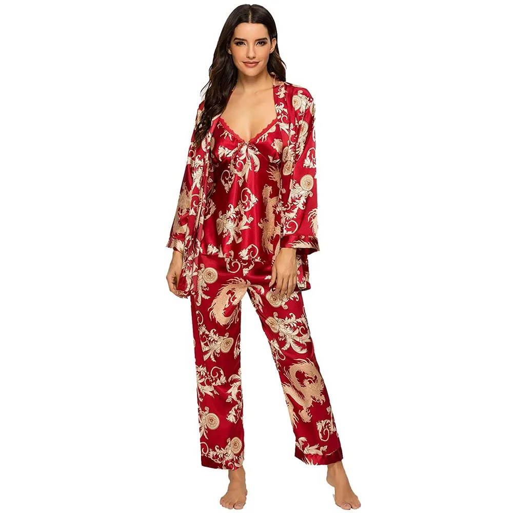 

3PCS Pajamas Set For Women Silky Satin Robe Set Nightwear Sexy Kimono Gown Pyjamas Nightgown Casual Intimate Lingerie