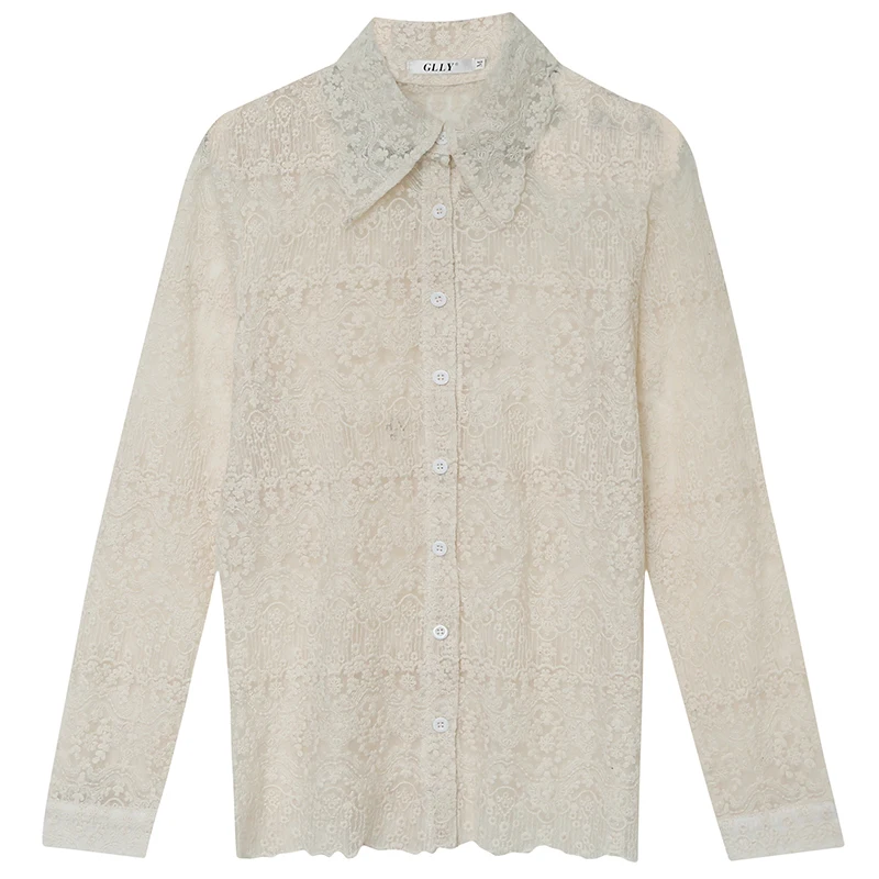 

Autumn Women's Hollow Out Lace Shirts Spring Lapel Collar Full Sleeve Elegant Transparent Blouses and Tops Embroidery Ladies Top