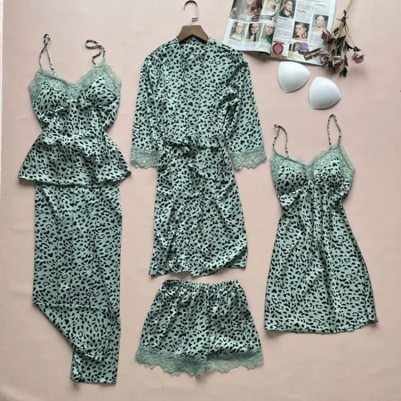 

Sexy Leopard Pyjamas Sleep Set New Arrival Women 5PCS Pajamas Suit Casual Lace Spring Nightwear Sleepwear Loose Home Clothing