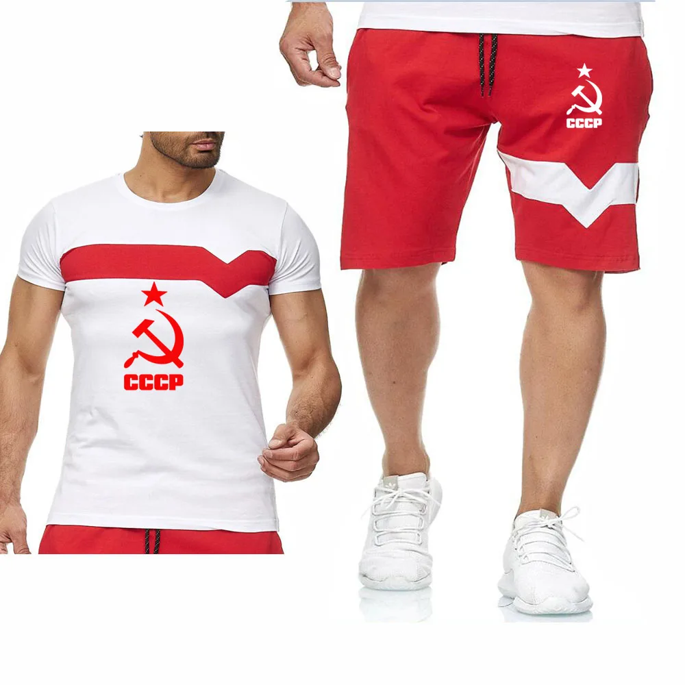 

Unisex Summer Fashion T-shirts Men CCCP Russian USSR Soviet Union Print Men Shorts+T-shirt Men's 2 Pieces Sets Sets