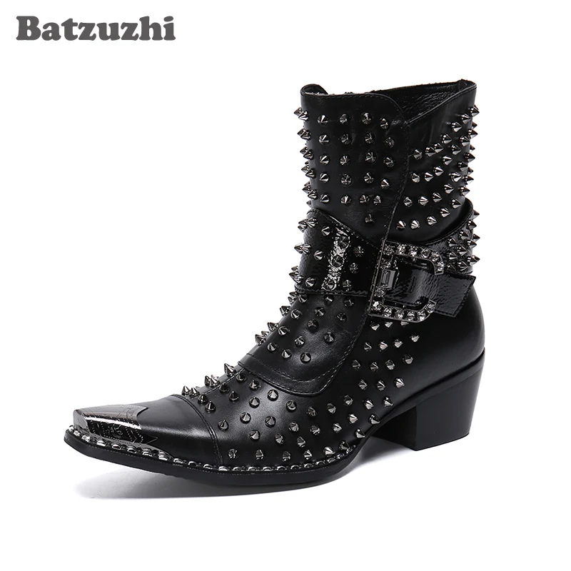 

Batzuzhi 6.5cm High Heels Boots Men Black Genuine Leather Men Boots Rivets Botas Hombre Pointed Metal Tip, Big Size EUR38-46