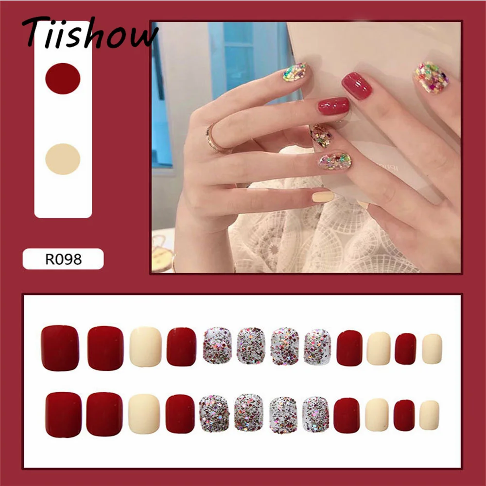 

Tiishow 53 Colors Golden Glitter Fake Nails with Manicure Tools Kit Christmas Art False Nail Tips Set Full Cover Art Fake Tips
