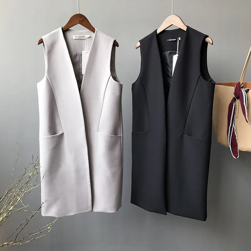 

Women All-match Long Design Vest Fashion Ladies V-neck Sleevess Suit Jacket