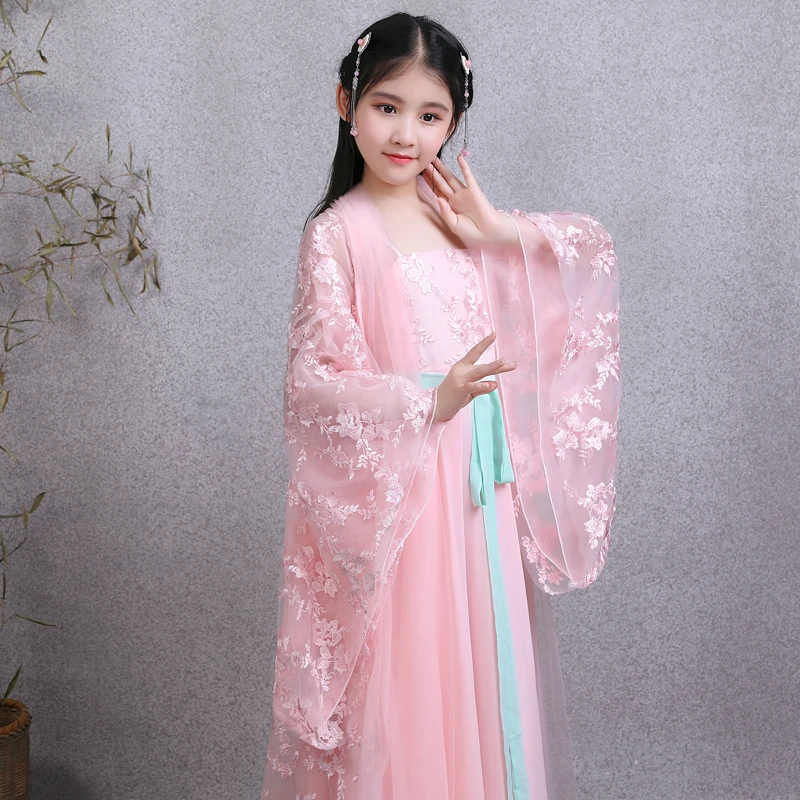 

2020 Girls Traditional Chinese Tang Hanfu Fairy Dress Pink Folk Dance Clothing Kids Children Ancient Costume Stage Show Wear