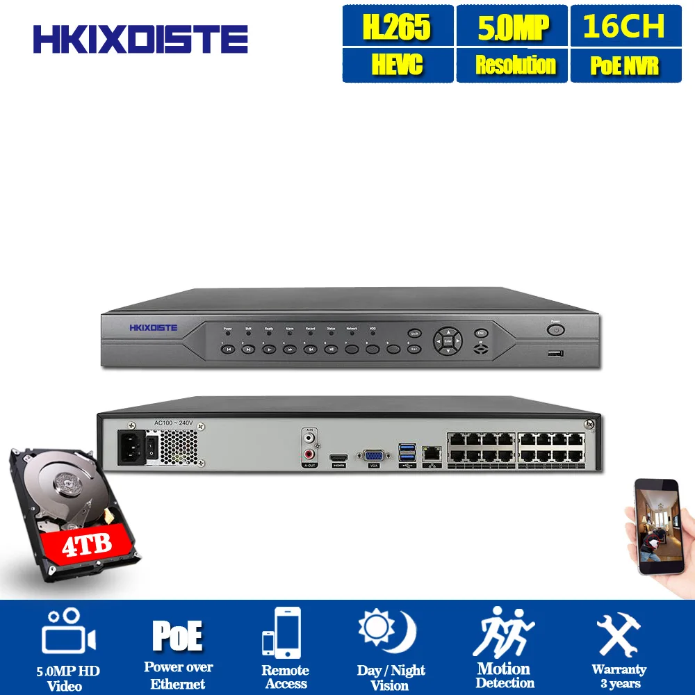 HKIXDISTE 4K 16CH H.265 Система охранного видеонаблюдения POE NVR 48 в 16 каналов * 5 Мп/8 4 к CCTV