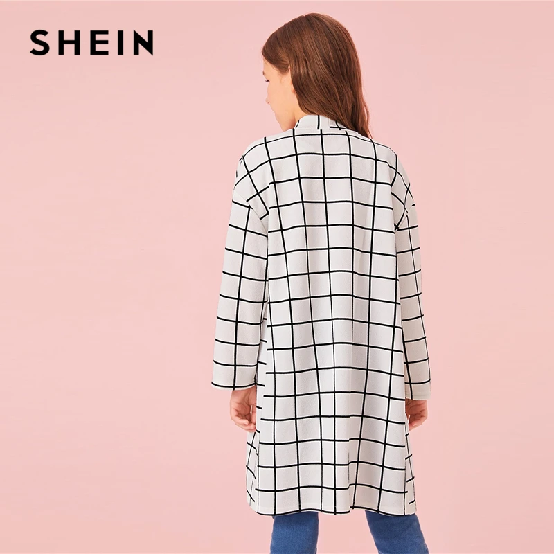 SHEIN Kiddie White Plaid Print Girls Open Front Long Coat Kids Clothes Autumn Long Sleeve Casual Coats For Children