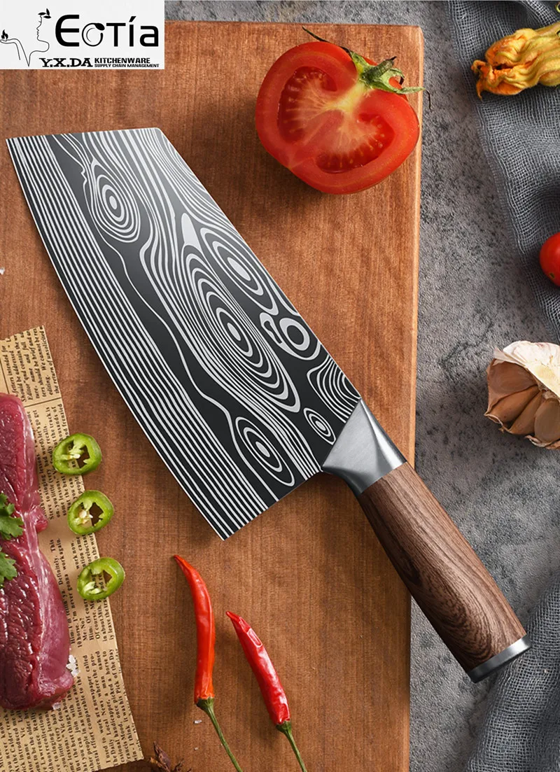 

Китайский шеф-нож, кухонный дамасский резец 8 дюймов с лазерным узором, из нержавеющей стали, для мяса, костей, рыбы, фруктов, овощей