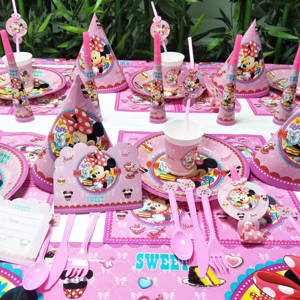 Minnie Mouse Kids Birthday Party Decoration Supplies Cup Plate Banner Hat Bag Set Favors Cake Decorating Pink Red | Дом и сад