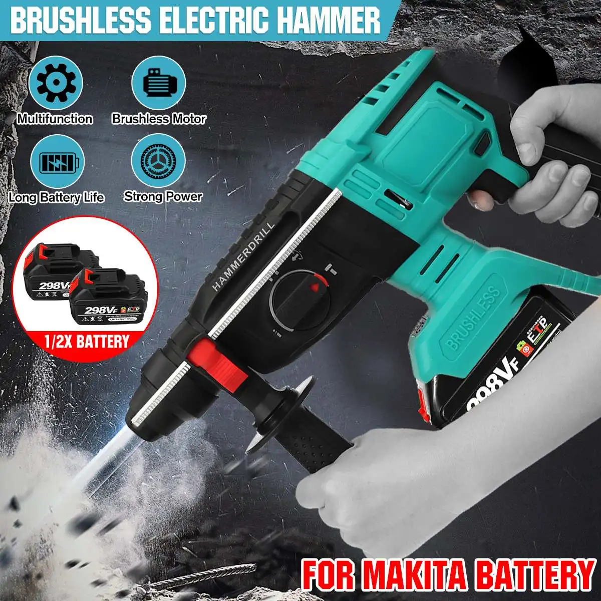 

298VF Cordless Electric Impact Hammer Drill Punch Power Tools 2X19800Amh Li Battery Hammer Drill with 2pcs Battery
