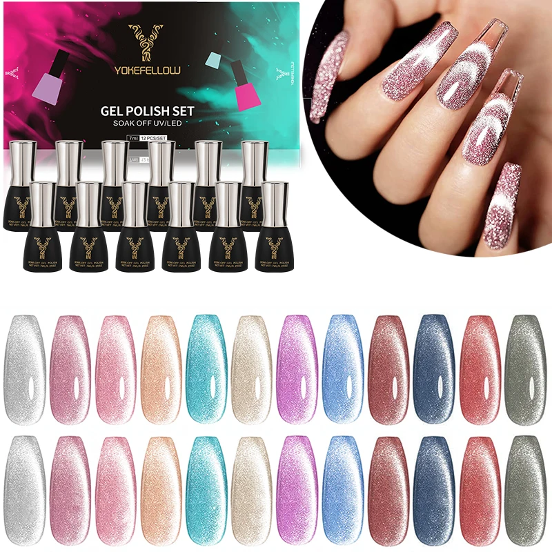 

YOKEFELLOW Soak Off UV LED Semi Permanent Gel Varnishes Cat Magnetic Glitter Nail Gel Polish 12/6Color Kits Base Matte Top Coat