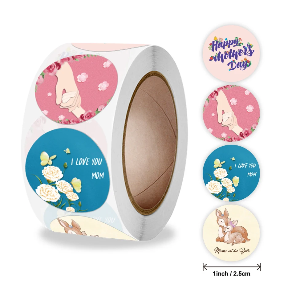 

500Pcs/Roll Thank You Mom Round Sticker Happy Mother Day Gift Box Label Sticker Flowers Envelop Sealing Labele