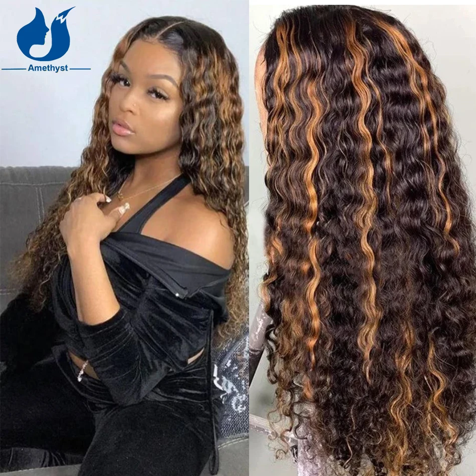 

Amethyst Honey Blonde Highlight Curly Human Hair Wigs 5x5 PU Silk Base Lace Wig Brazilian Remy Hair Pre Plucked For Black Women