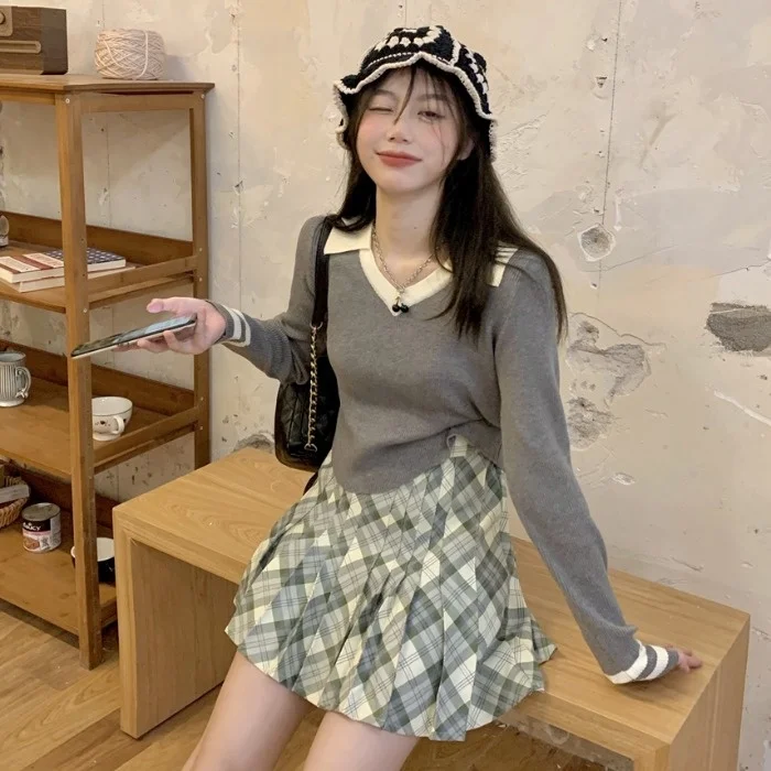 Осень 2021 воротник поло в стиле пэчворк имитация двух частей шерстяной свитер