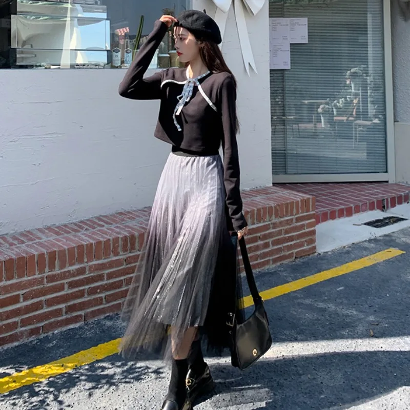 

Женский костюм из двух предметов, короткий топ со шнуровкой и блестящая сетчатая юбка градиентного цвета, новинка весны