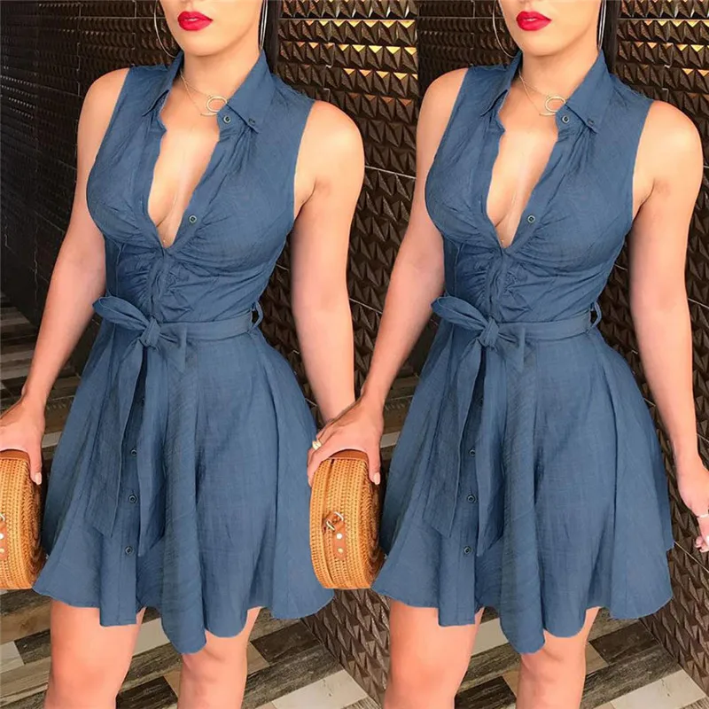 

Women Ladies Blue Jeans Denim Sleeveless Casual Party Short Mini Dress Deep V Neck Button Dresses Summer