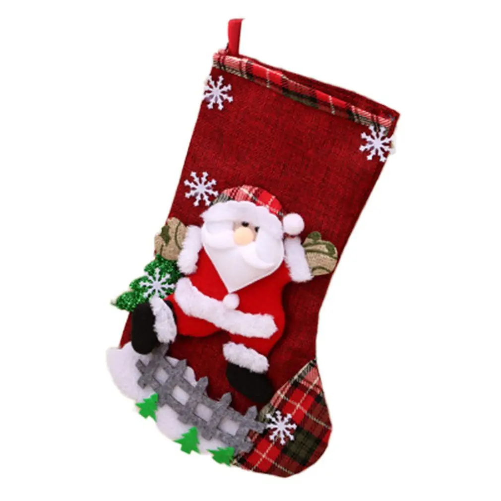 

1pc Christmas Sock Personalized Christmas Stockings Linen Applique Sock Fireplace Hanging Ornaments Christmas Decoration