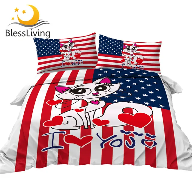 BlessLiving Flag Duvet Cover Set Stars and Stripes Comforter Cover Cute White Cat Bedclothes Cartoon Textile Graphic Bedding Set 1