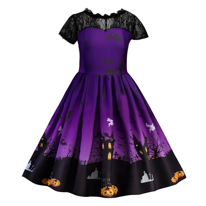 

Halloween Lace Ghost Festival Bat Printing Children Clothing Long Dress Girl Lady Round Neck Fashion New 2022 Hot Selling