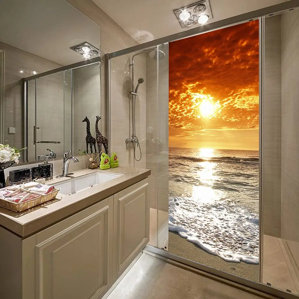 

Waterproof 3D creative door stickers self-adhesive paper decoration bedroom living room wall stickers door stickers sunset beach