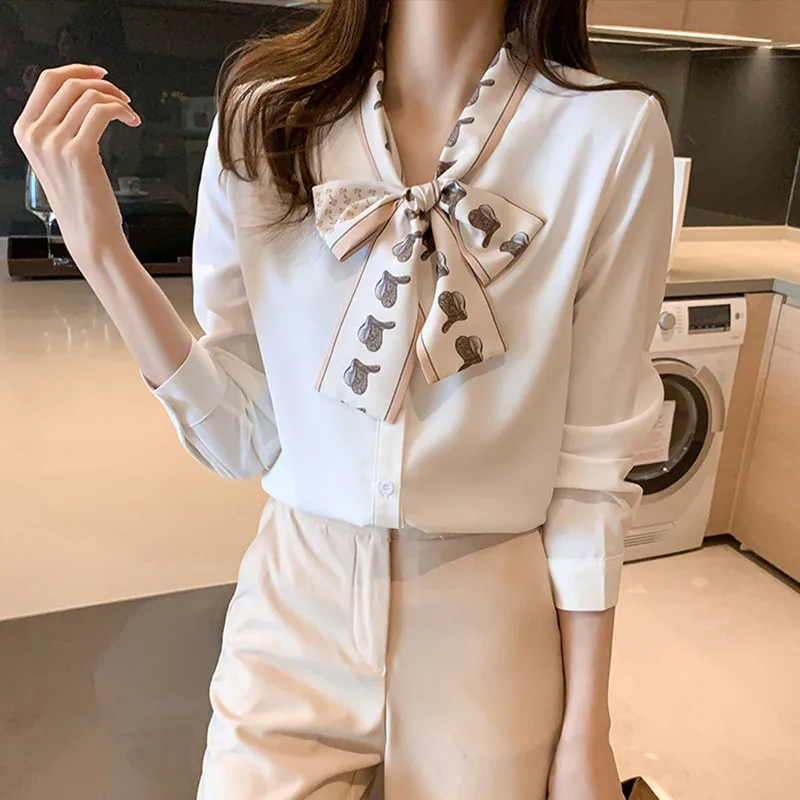 

Blusas Mujer De Moda 2021 Blouse Women French Streamer White Button Up Shirt OL Chiffon Top Chemise Femme Camisas De Mujer