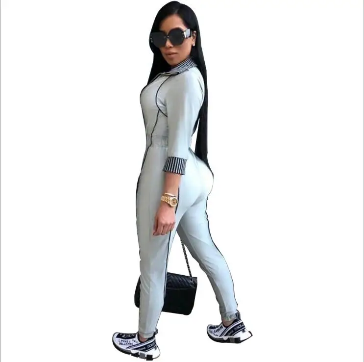 Autumn Sexy Solid Front Zippers Jumpsuit Three Quarter Sleeve Ladies Night Club Party Overalls Outfits Deep V Vintage Elegent | Женская