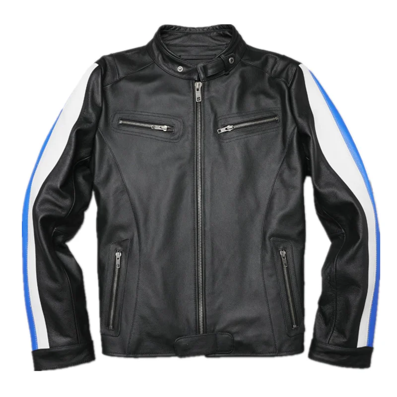

Men's 100% Real Sheepskin Jackets Striped Patchwork Genuine Leather Jackets Black Motorycycle Leather Coat for Male