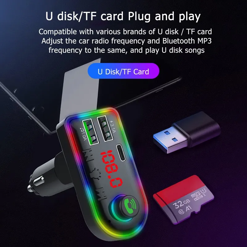 

3.1A + PD 18 Вт Зарядное устройство автомобиля Mp3 плеер громкой связи Bluetooth 5,0 FM передатчик модулятор, в наличии 7 цветов, атмосфера светильник авт...