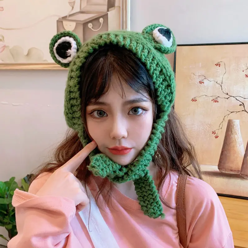 Cute Green Frog Hats Handmade Crochet Knit Hat Outdoors Autumn Big Eye Frog Winter Ear Protective Beanie Caps Party Festival