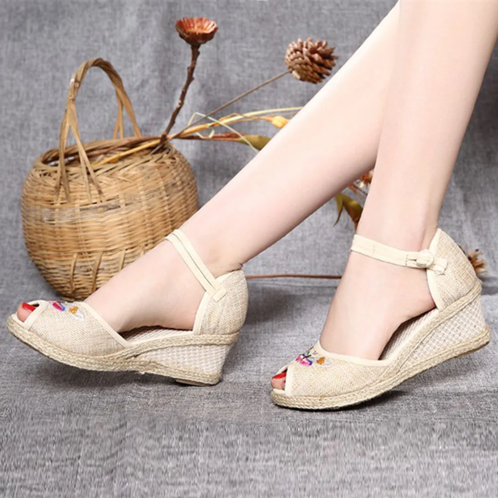 Retro woven women sandals embroidered casual wedge heel simple beach slippers flip-flops soft fashion summer non-slip | Спорт и