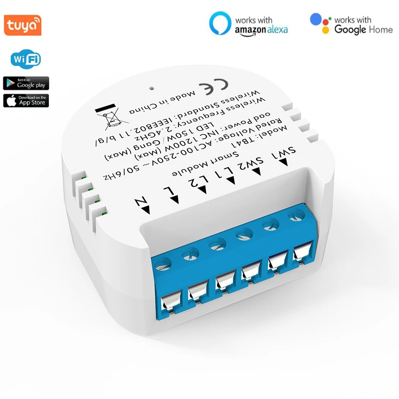 

Tuya WiFi Smart Breaker Smart Home 2 Way Smart Light Switch Module Tuya/Smart Life APP Remote Control Neutral Wire + Fire Wire