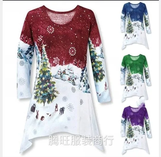 

2021 New Christmas Casual Printed Autumn and Winter Irregular Hem T-shirt Harajuku Woman Tshirts