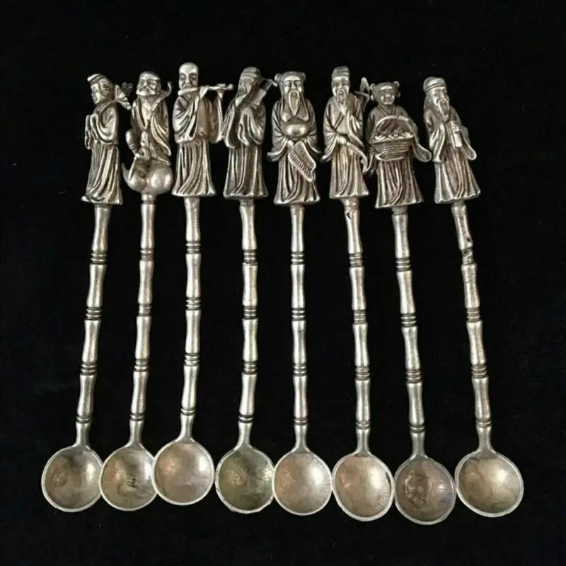 

Full Set Tibet Silver Copper Handmade Eight Immortals Buddha Statue Spoon Ladle