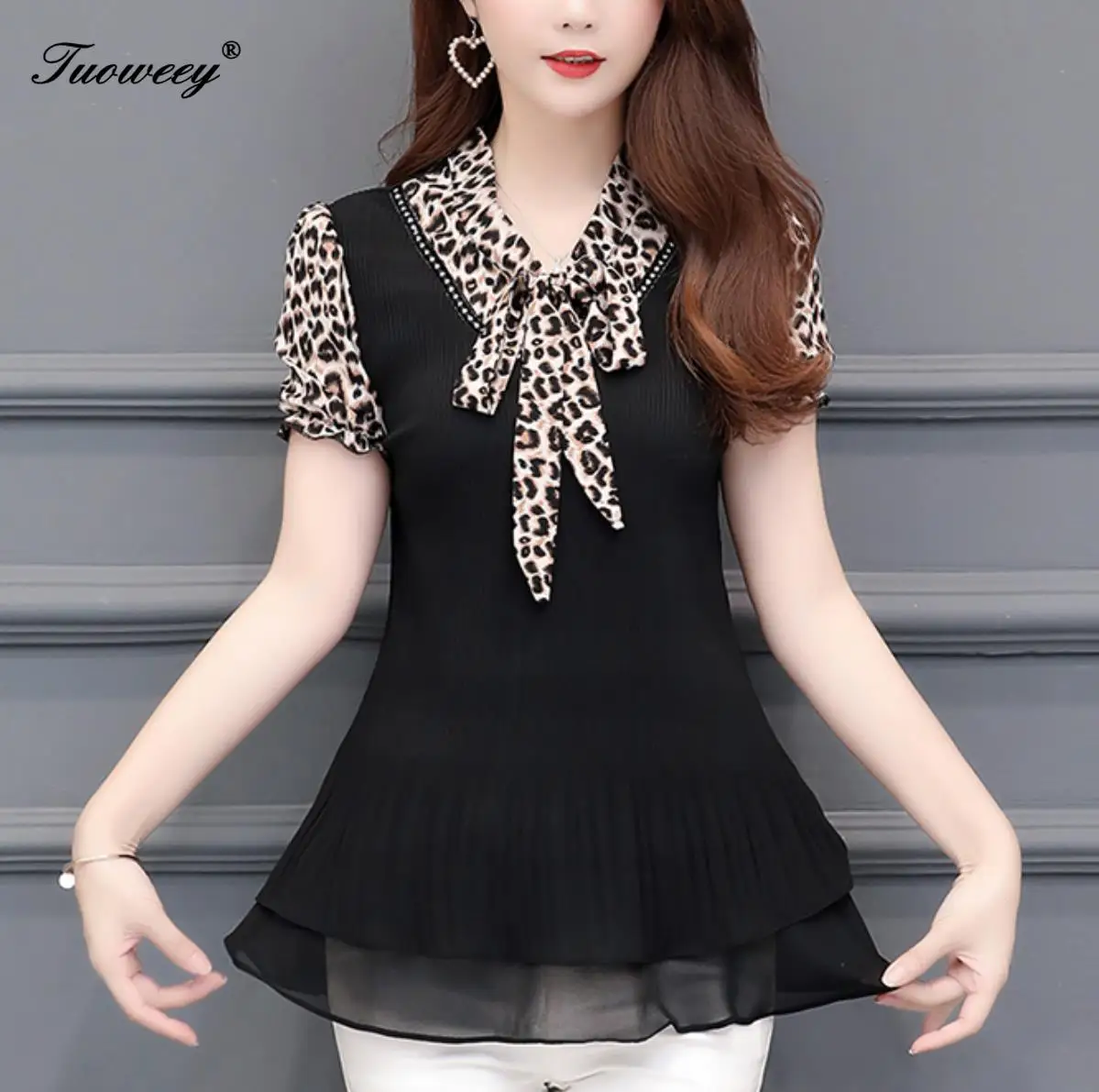 Women's Tunics Plus Size Chiffon Leopard Blouse Shirt Ruffle Womens Tops and Blouses Blusas Mujer De Moda 2019 short sleeve tops | Женская