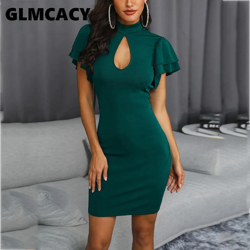 Женское облегающее платье с рюшами уличное футляр коротким рукавом Летнее мини