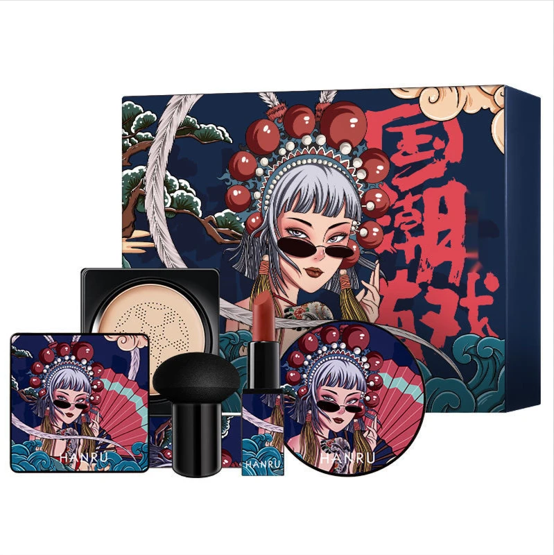 

4PCS Chinese Style Makeup Set Mushroom Head Cushion Concealer Velvet Lipstick Eyeliner Mascara Setting Powder Cosmetics Suit