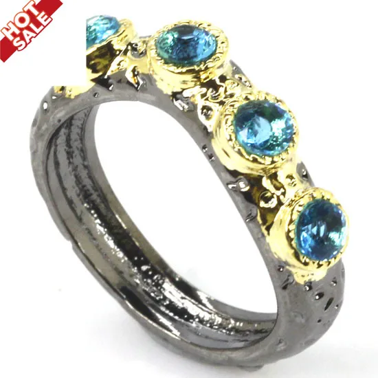 

22x5mm Neo-Gothic Vintage Style Black Gold Silver Ring For Women Created Paris Blue Topaz Violet Tanzanite Punk Style