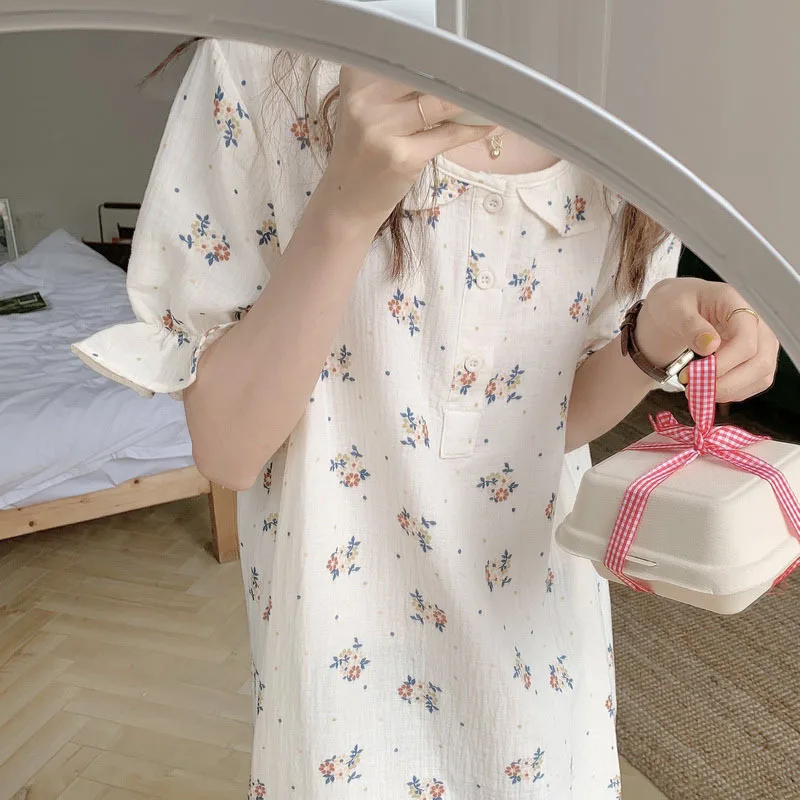 Korean Summer Cotton Nightdress Women's Flower Nightgown Short Sleeve Dress Ruffle Sweet Housewear Female Sleepwear Lnightwear