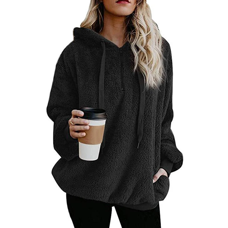 

2021 Autumn and Winter New Women's Street Style Long-sleeved Zipper Hooded Solid Color Women's Sweater Sweater Thick Warm Jacket