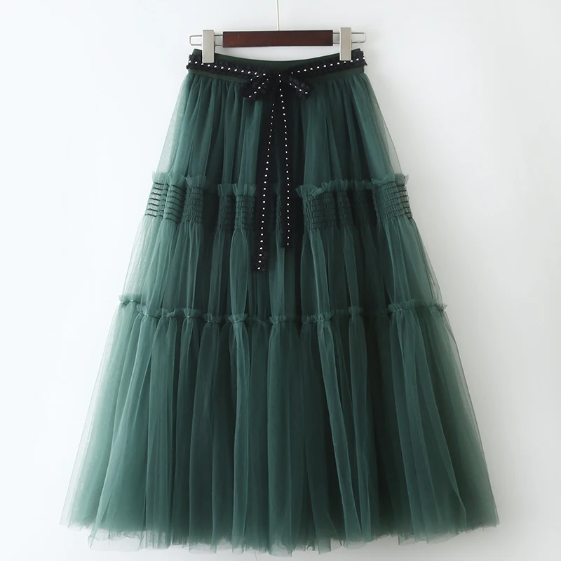 

Women's 2022 New Sweet Cake Mesh Skirt Retro Tulle Pleated Skirt Nail Bead Belt High Waist A-line Skirt Fashion Sweet Clothes