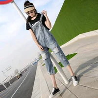 ripped denim bib women 2021 summer new korean version loose and thin cropped suspenders women high waisted jeans