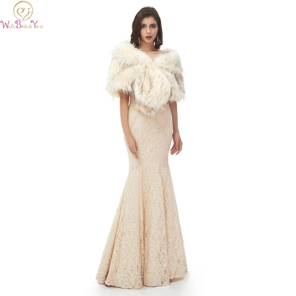 

Шали цвета шампанского с мехом для торжественных свадебных торжеств, вечерних выпускных платьев, накидки, осенне-зимние женские шали, накид...